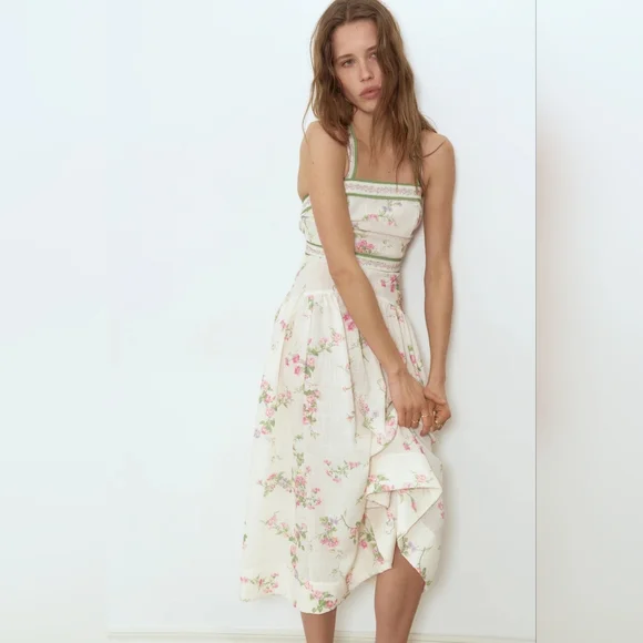 H&M Lovely Long FLORAL Back Tie-detail Midi Dress Floral Cream Floral BNWT - Picture 1 of 16